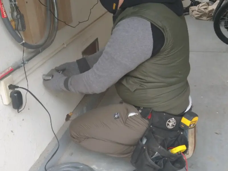 Electrician performing outlet wiring in a Minnetrista garage